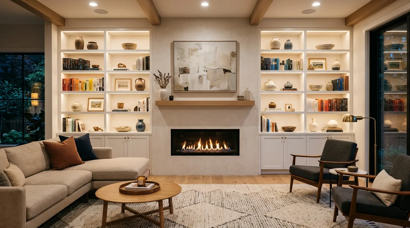Custom fireplace built-ins creating a polished living room focal wall.